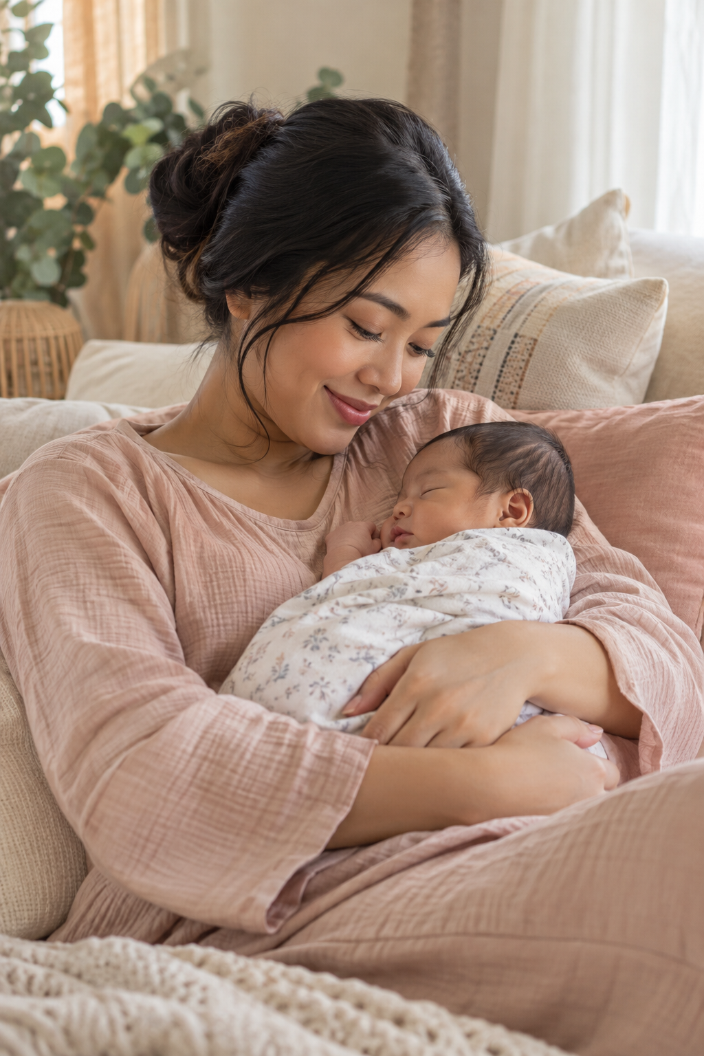 Ibu bersama bayi dalam suasana rumah yang hangat